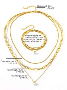 Aomogo 2件套时尚优雅百搭不锈钢多层珍珠心形手链+项链，适合女性随时佩戴 - 項鍊+手鍊 - 查看 4