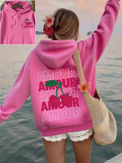 Moletom com estampa de cereja de outono, moletom casual com capuz folgado