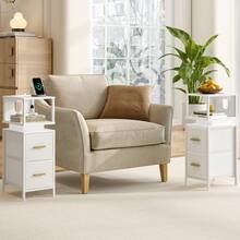 Mesita de Noche, Mesillas de Noche con Luces RGB y Estación de Carga, 2 Cajones, Mesa Auxiliar, con Estante Abierto para Dormitorio, Sala de Estar Moderno 30,2 x 24 x 67 cm Blanco