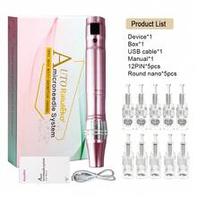 Professional Microneedling Pen Electric Derma Pen With 5pcs 12 Needles And 5pcs Round Nano Replacement Needles Cartridges Beauty Skin Care Tool