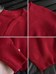 Sweater Leher Halter Merah Natal, Pullover Rajut Wanita untuk Musim Gugur/Dingin - Merah - View 5