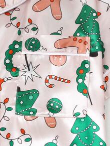 2pcs Satin Pajama Set, Christmas Tree & Gingerbread Man Print Short Sleeve Lapel Top And Bow Shorts, Women Sleepwear & Loungewear Suitable For Christmas - Màu be - Xem 4