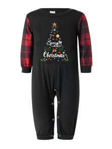 Family Matching Christmas Pajamas, Letter  Snowflake Print Long-Sleeved Tops + Plaid Trousers Sleepwear Outfits