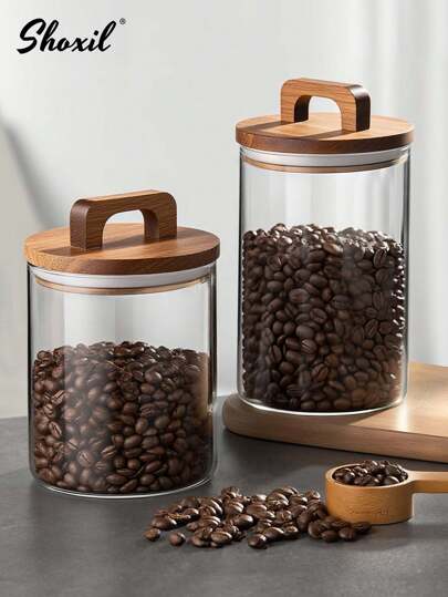 shoxil 1pc Coffee Bean Sealed Jar With Handle Wooden Lid Storage Jar Coffee Bean Glass Sealed Jar