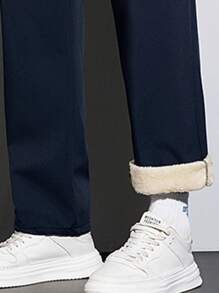 Men's Winter Lamb Wool Warm Pants, Casual Straight Leg Pants With Zipper Pockets And Drawstring, Comfortable And Easy To Match.