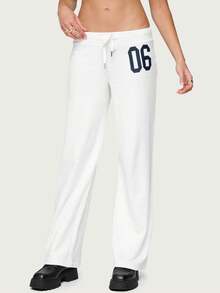 Women Y2K Number Printed Sweatpants Drawstring Elastic High Waist Straight Leg Baggy Pants Loose Workout Joggers Casul Trousers - 白色 - 查看 5