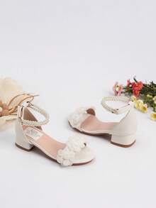 1 pereche de pantofi cu toc înalt pentru fetițe, la modă nouă de vară, sandale de prințesă, sandale confortabile de zi cu zi pentru studente, toc roman cu decor din dantelă, tocuri înalte de mărime mare, pantofi de performanță, pantofi cu toc jos pentru dans, pantofi pentru fetițe cu flori pentru petreceri de nuntă