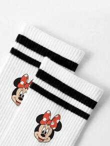 Disney 1双女士中筒袜，黑白条纹运动款，可爱卡通图案，防臭吸湿，休闲百搭，适合学生/成人作为礼物或日常穿着，袜子 - 白色 - 查看 3