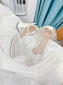 Romantic Breathable Mesh Rhinestone Bowknot Heels Suitable For Teens, Weddings, Birthdays, Parties, All Seasons - White - View 4