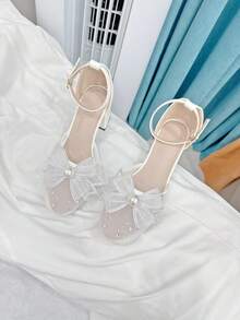 Romantic Breathable Mesh Rhinestone Bowknot Heels Suitable For Teens, Weddings, Birthdays, Parties, All Seasons - White - View 3
