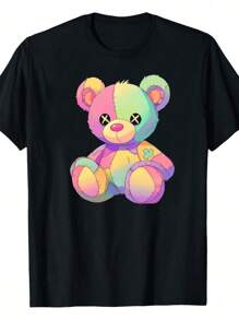 1pcs 100% Cotton T-Shirt  A Colorful Teddy Bear With Rainbow Hues And Smirk Men's T-Shirts 220g Festival Outfits Blue Shirt Matching Outfits For Couples Camo Tshirt New Year Women's T-Shirts Summer Graphic T-Shirts