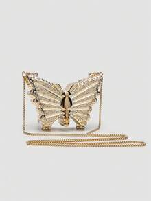 1pc Mini Metallic Gold/Silver Glitter Rhinestone Butterfly Clutch Bag, Multifunctional Decorative Women's Personalized Fashion Makeup Bag, Jewelry/Earphone Storage, Gift For Women, Suitable For Valentine's Day, Party, Wedding, Date, Can Be Used As Shoulder Bag/Crossbody Bag, Elegant Women Coin Purse , Gold Bag - Gold - View 6