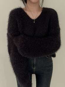 女士 V 领毛衣，柔软仿貂皮休闲长袖上衣