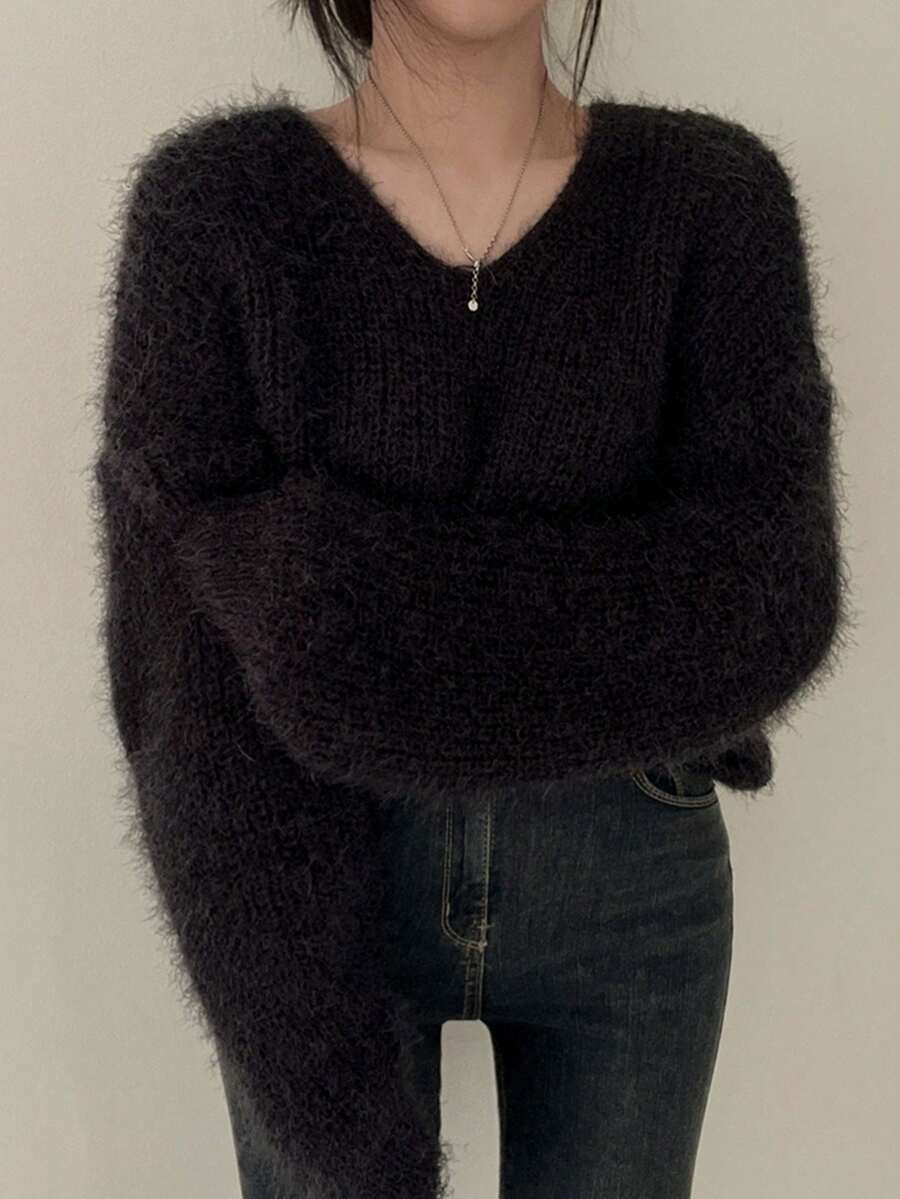 女士 V 领毛衣，柔软仿貂皮休闲长袖上衣