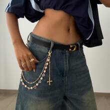 1 Pieceins Hip Hop Jeans Decorative Pants Chain Beaded Cross Imitation Pearl Punk Waist Chain For Women, Suitable For Various Festivals, Parties, And Casual Occasions In Summer, School - MY02 Vàng 1742 - Xem 10