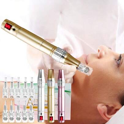 Professionell mikronålpenna elektrisk dermapenna med 5 st. 12 nålar och 5 st. runda nano-ersättningsnålar för skönhetshudvård