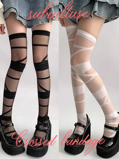 1 Paar Kreuz-Bandage Overknee Strümpfe, sexy schwarze Seide Sommer dünne JK weiße Seide Subkultur weiße Socken, Damen Kniestrümpfe Y2k, geeignet für Halloween Outfits