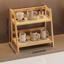 1pc Vintage Freestanding Tabletop Storage Rack, Dual-Tier Shelf, New Chinese Style Multi-Purpose Storage Rack, Kitchen Organizer, Living Room Storage And Organization, High-End Dish Rack, Tea Cup Coffee Mug Organizer, Spice Rack, Display Shelf, Woven Rattan Panel, Quick Draining, Breathable And Moisture-Proof, Suitable For Kitchen, Bathroom, Office, Bedroom, Balcony Decor