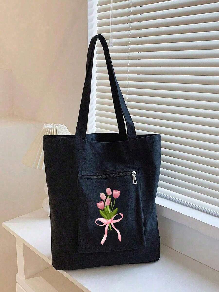 1 pieza Bolso de lona grande con estampado floral rosa, bolso de mano, bolsa de compras, bolsa de fiesta, bolsa de recuerdo de boda y cumpleaños, bolso de mano hecho a mano, bolsa de regalo de fiesta, bolso de mujer, bolsa de lona - Negro - Ver 1