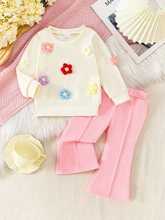 3D Çiçek Desenli Bebek Kız Tatlı Kaburga Örgü Üst + Pembe Kloş Pantolon