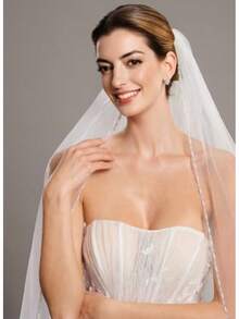 Pearl & Crystal Beaded Wedding Veil - 1 Tier Fingertip Bridal Veil With Elegant Beaded Edge, Soft Tulle - 118 inch - Trắng ngà - Xem 4