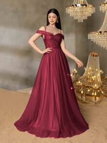 ALISA&LEO Teen Girls' Sequin A-Line Evening Gown - Off-Shoulder Sweetheart Neckline, Sheer Tulle Skirt & Fitted Sequin Bodice For Graduation Proms, Wedding Guest Outfits, Formal Dinners & Luxury Galas