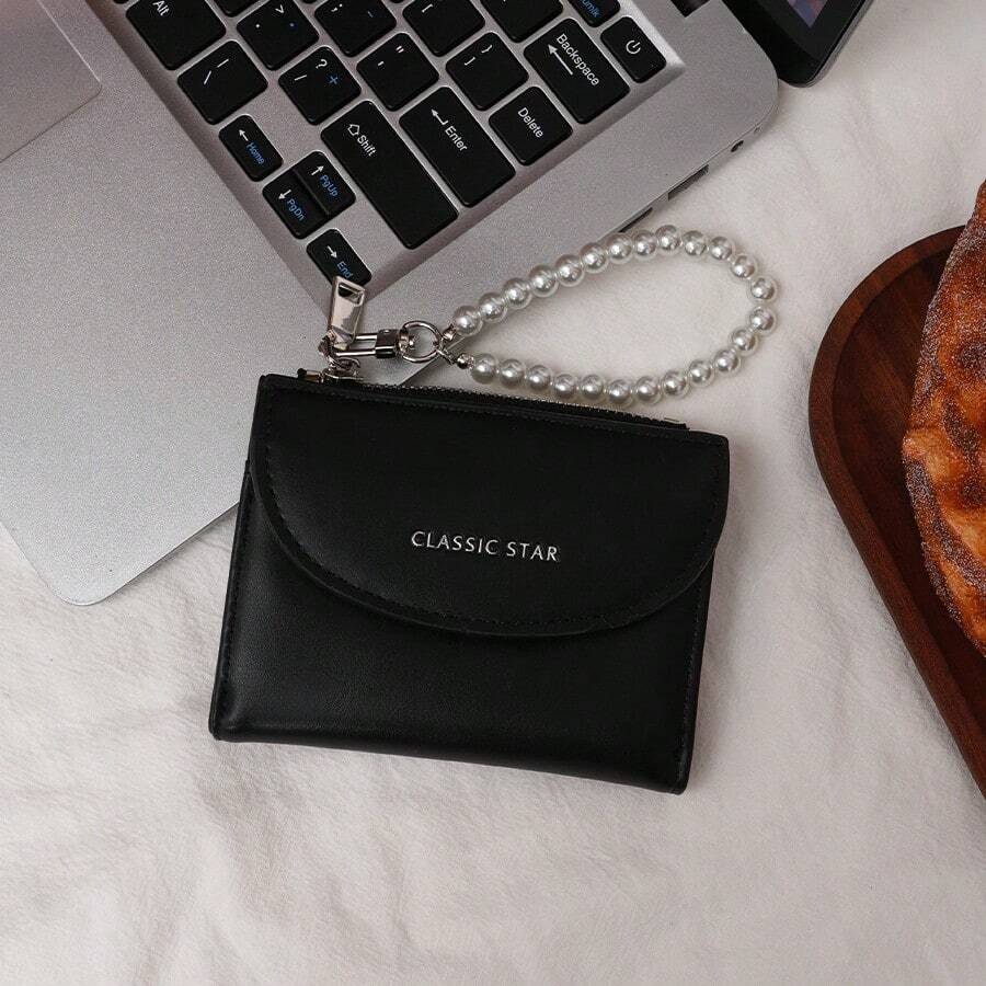 韩版零钱包女纯色简约卡包多功能钱包大容量女款零钱包迷你钱包女包秋季小钱包可爱钱包腕带钱包 - 黑色 - 查看 1