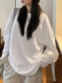 女式纯白色百搭长袖宽松休闲分层罗纹中性T恤上衣 - 白色 - 查看 1