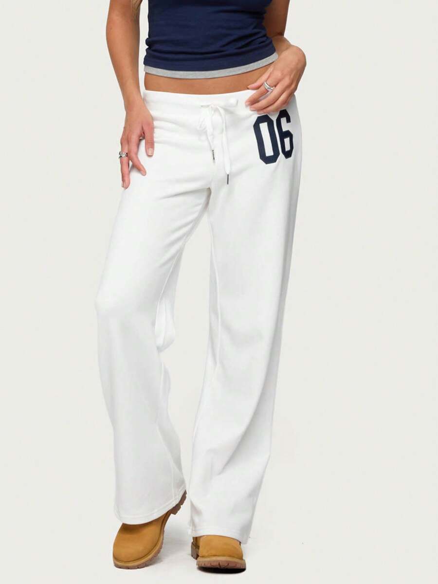Women Y2K Number Printed Sweatpants Drawstring Elastic High Waist Straight Leg Baggy Pants Loose Workout Joggers Casul Trousers - 白色 - 查看 1