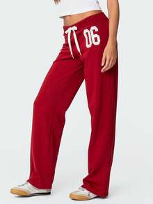 Women Y2K Number Printed Sweatpants Drawstring Elastic High Waist Straight Leg Baggy Pants Loose Workout Joggers Casul Trousers - Đỏ - Xem 4