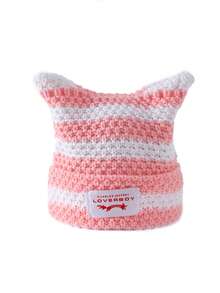 1pc Women's Fashion Striped Ear Decor Distressed Fabric Tag Knit Hat, Warm For Autumn/Winter Outfits - Multicolor - View 18