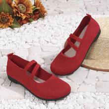 轻便透气女式一脚蹬运动鞋 - 休闲黑色针织面料步行鞋，舒适耐用的亚麻鞋垫，圆头设计，适合休闲穿着，女式运动鞋 - 紅色 - 查看 3