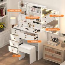 80cm White LED Vanity Set, Color Dimmable Mirror & Cushioned Stool, Multi-Drawer Makeup Table, White Dressing Table With Sliding Mirror & Shelves For Bedroom, Girls Cosmetic Organizer - trắng - Xem 2