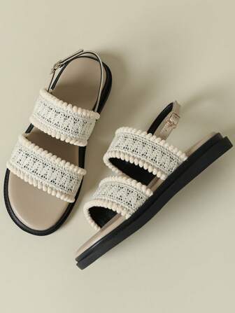 Tjock sula med ett spänne, lämplig för utomhusbruk, strand, fritidskläder, retro bohemisk stil, mjuk botten, bekväm, enkel, elegant, lätt, andningsbar, fransad vävd mesh-lappverk, kilklack, mjuk botten, ny vår/höst 2026 kollektion, rund tå, fräsch, godisfärgad, lotusrot, storlek 41-43 för kvinnor