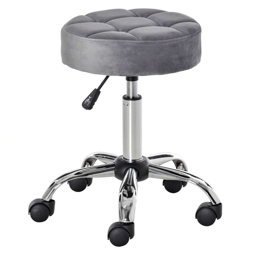Salon Chair With Wheels, Rolling Stool, Height-Adjustable, Rotatable, Velvet Touch, Chrome Base, Grey, 35x35x49-61cm For Hair Salons And Beauty Salons