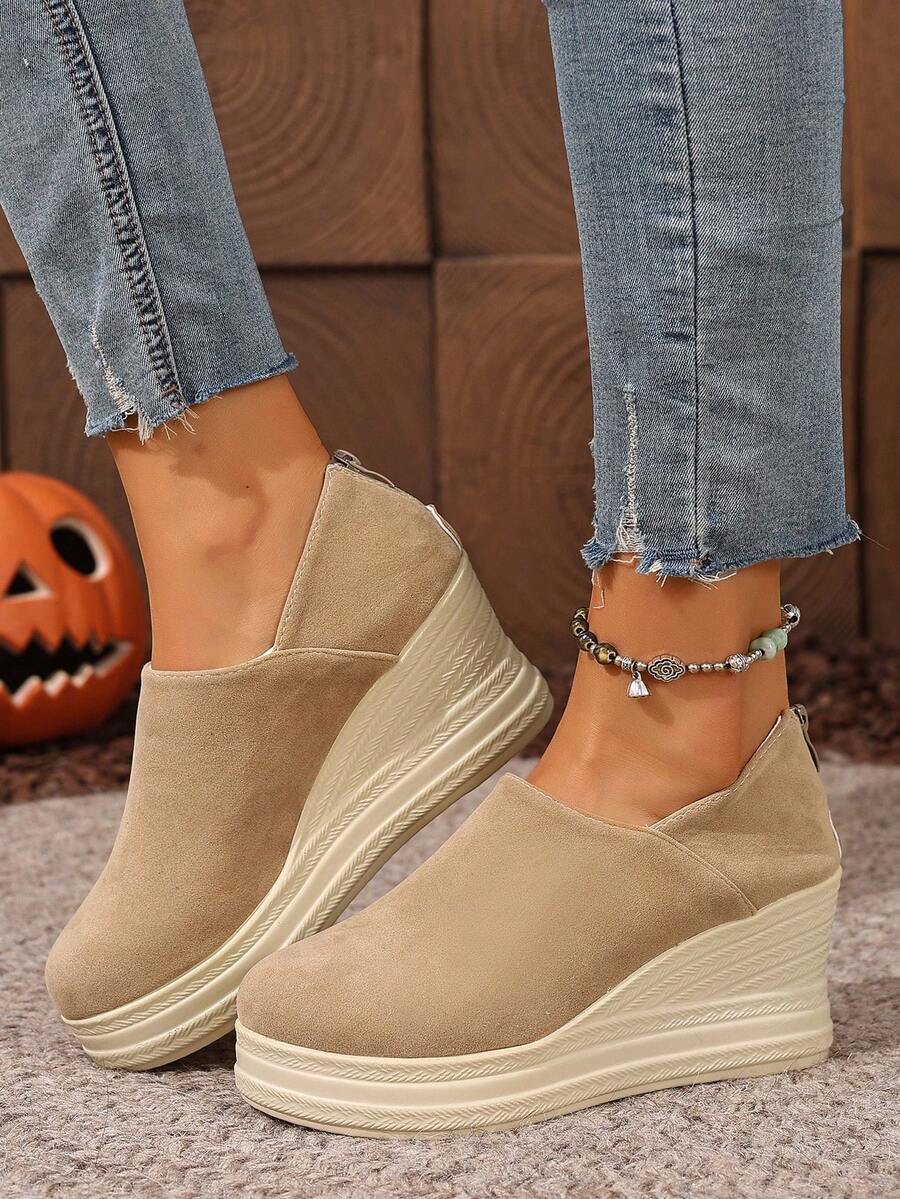 Sapatos retrô de plataforma com sola grossa em corda de linho, casuais, elegantes, com zíper traseiro, estilo slip-on, versáteis e modernos. - Caqui - Ver 1