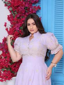 Elegant Midi Dress In 3D Embroidery, Lined, Princess Puff Sleeve, Ruffle Hem - Lilac Purple - View 2