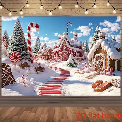 Sfondo in tessuto per banner piatto 2D, tema natalizio onirico di casa di pan di zenzero e caramelle, essenziale per feste invernali, aggiunge atmosfera festiva, ideale per fotografia, creazione di una scena natalizia da favola