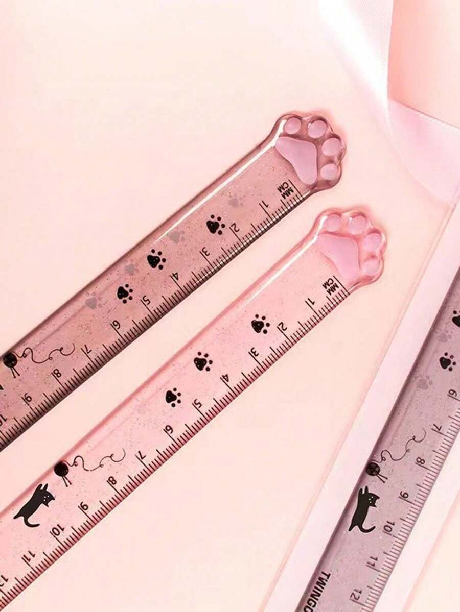 1pc Transparent Pink Cat Paw Shaped Ruler, Creative Stationery Suitable For School, Office And Back To School