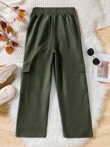 1 pieza Pantalones cargo casuales y sueltos de unicolor de moda para niñas preadolescentes, con múltiples bolsillos, para primavera/otoño - Verde militar - Ver 2