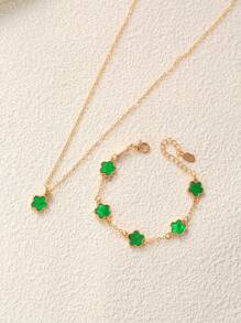 2pcs/Set, 1pc Pendant Necklace + 1pc Bracelet, Fashionable Luxury Personalized Minimalist Gold Star Flower Oval Jewelry Set, Suitable As Girlfriend, Wedding, Graduation, Date Gift - Pink - View 9