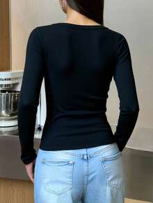 Damen Slim Fit V-Ausschnitt Sexy Langarm Y2K Unterhemd