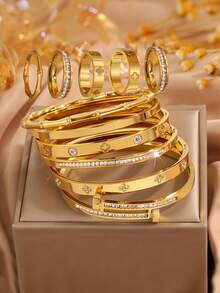 Camhanno 1/1 Set Luxury Stainless Steel Bracelet & Ring Combo, Versatile Fashion Accessories, Best Gift For Girlfriend - Gold - View 9