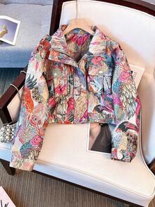 Embroidered Jacquard Motorcycle Jacket, Streetwear Vibe With Front Zipper Pockets - Red - View 2