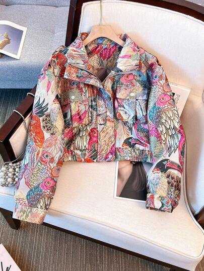 Embroidered Jacquard Motorcycle Jacket, Streetwear Vibe With Front Zipper Pockets