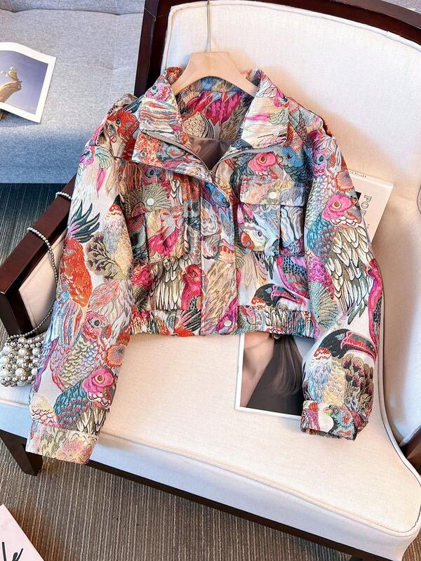 Embroidered Jacquard Motorcycle Jacket, Streetwear Vibe With Front Zipper Pockets