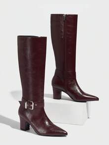 时尚现代扣侧拉链高跟靴，新款西部及膝靴，厚底，带皮带扣 - 酒紅色 - 查看 7