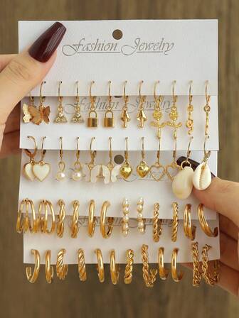 48-24 件优雅贝壳动物造型耳环套装，适合女士佩戴，饰有心形、蝴蝶等元素，镶嵌水钻，适合日常佩戴或节日派对，情侣礼物