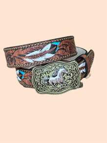 1 pieza Cinturón (PU) con patrón de caballo y remaches estilo vaquero occidental, adecuado para uso diario, regalo perfecto para otoño, Halloween - Café - Ver 10