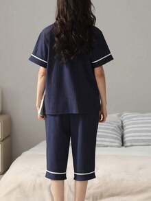 2pcs Women's Short Sleeve Top & Pants Pajama Set, Soft & Comfortable Sleepwear, Two Pieces Set Outfit - Navy Blue - View 2